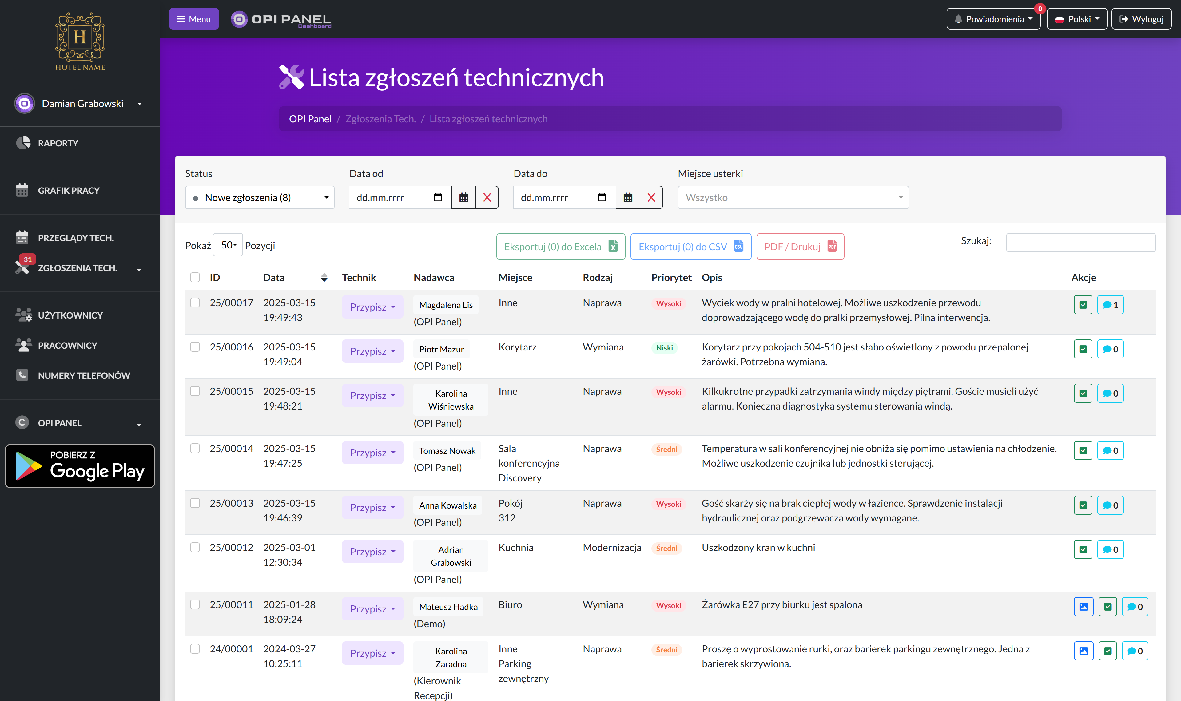 Lista zgłoszeń technicznych w OPI Panel